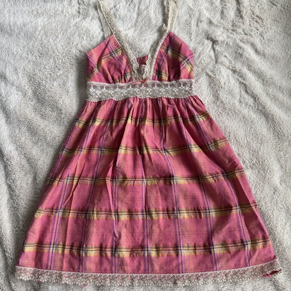 Plaid Mini Y2K Babydoll Dress Flawed - Size S Pink Lace Detailing